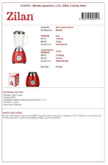 Blender ZILAN ZLN7057, Retro, 500 W, 1,5 l, crveni