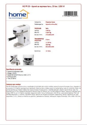 Aparat za kavu HOME HG PR 20, 1350 W, 20 bara, 1,4 l, bijeli