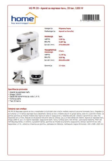 Aparat za kavu HOME HG PR 20, 1350 W, 20 bara, 1,4 l, bijeli