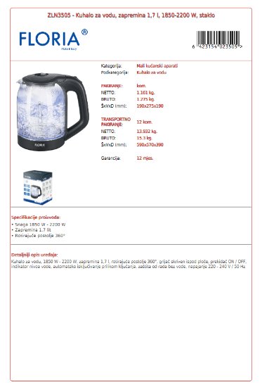 Kuhalo za vodu FLORIA ZLN3505, 2000 W, 1,7 l, stakleno