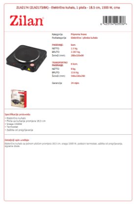 Električno kuhalo ZILAN ZLN2174, 1500 W, jednostruko, crno Električno kuhalo ZILAN ZLN2174, 1500 W, jednostruko, crno