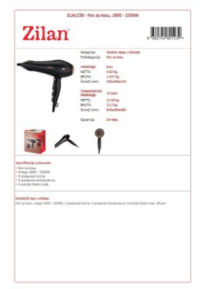Sušilo za kosu ZILAN ZLN1239, 2200 W, difuzor, crno Sušilo za kosu ZILAN ZLN1239, 2200 W, difuzor, crno