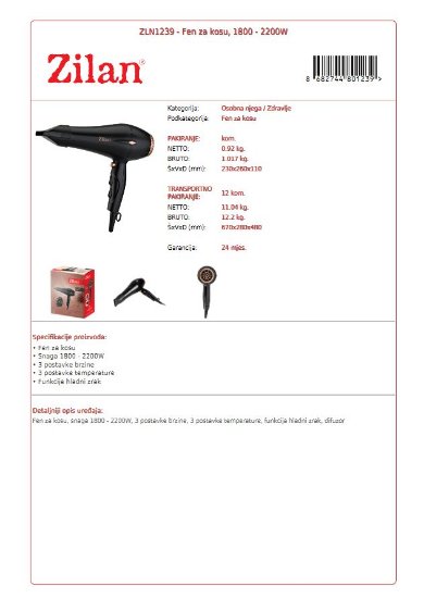 Sušilo za kosu ZILAN ZLN1239, 2200 W, difuzor, crno