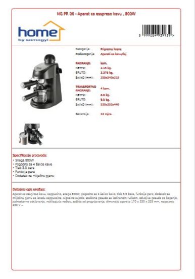 Aparat za kavu HOME HG PR 06, 800 W, 3,5 bara, crni