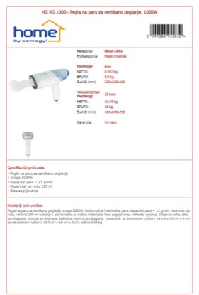 Ručno steamer glačalo HOME HG RG 1000, 1000 W, 15 g/min, 100 ml, bijelo