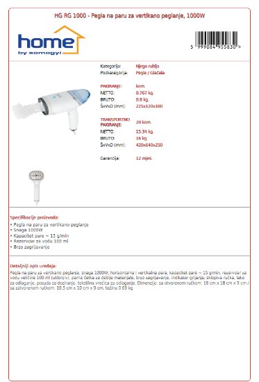 Ručno steamer glačalo HOME HG RG 1000, 1000 W, 15 g/min, 100 ml, bijelo