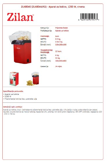 Aparat za kokice ZILAN ZLN8044/RD, 1200 W, crveni