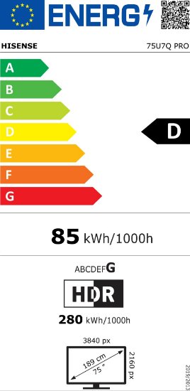 Mini-LED TV 75" HISENSE 75U7Q PRO, Smart TV, 4K UHD, DVB-T2/C/S2, USB, Wi-Fi, BT, crni - energetski razred D