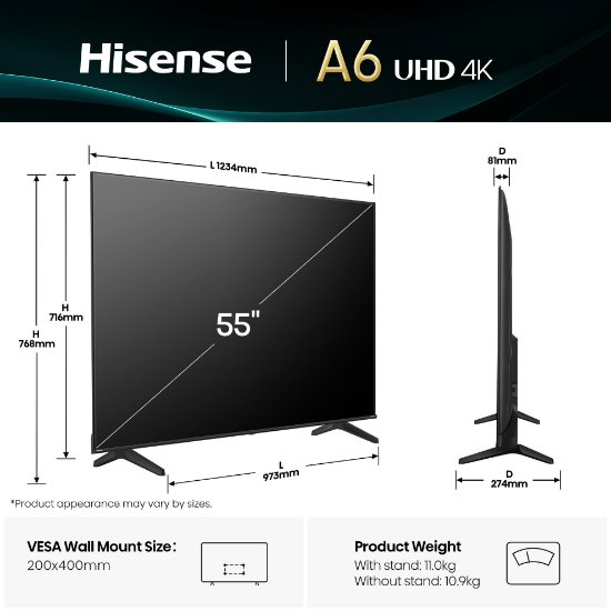 LED TV 55" HISENSE 55A6Q, Smart TV, 4K UHD, DVB-T2/C/S2, USB, Wi-Fi, BT, crni - energetski razred E