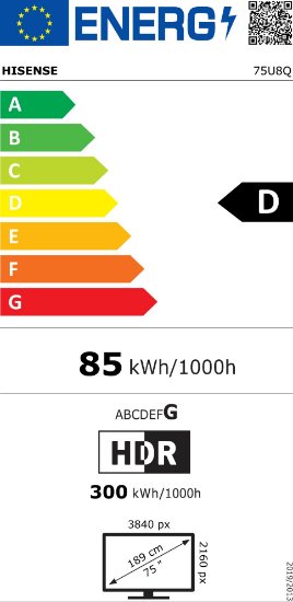 Mini-LED TV 75" HISENSE 75U8Q, Smart TV, 4K UHD, DVB-T2/C/S2, USB, Wi-Fi, BT, crni - energetski razred D