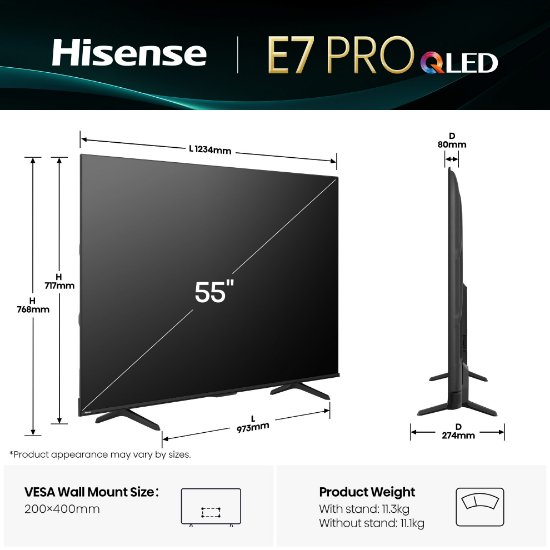 QLED TV 55" HISENSE 55E7Q PRO, Smart TV, 4K UHD, DVB-T2/C/S2, USB, Wi-Fi, BT, crni - energetski razred E