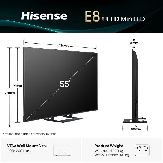 Mini-LED TV 55" HISENSE 55E8Q, Smart TV, 4K UHD, DVB-T2/C/S2, USB, Wi-Fi, BT, crni - energetski razred E