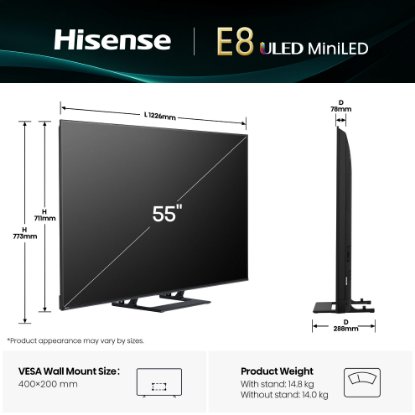 Mini-LED TV 55" HISENSE 55E8Q, Smart TV, 4K UHD, DVB-T2/C/S2, USB, Wi-Fi, BT, crni - energetski razred E