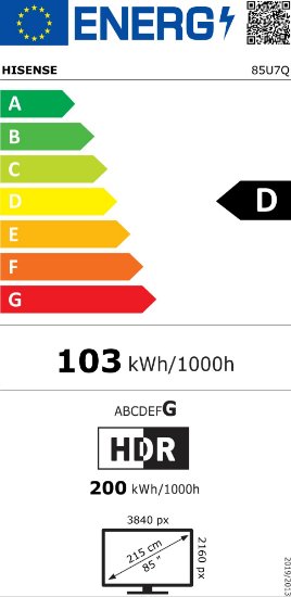 Mini-LED TV 85" HISENSE 85U7Q, Smart TV, 4K UHD, DVB-T2/C/S2, USB, Wi-Fi, BT, crni - energetski razred D