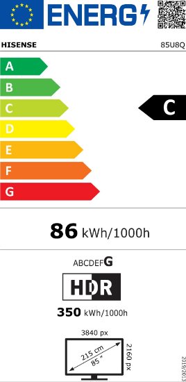 Mini-LED TV 85" HISENSE 85U8Q, Smart TV, 4K UHD, DVB-T2/C/S2, USB, Wi-Fi, BT, crni - energetski razred C