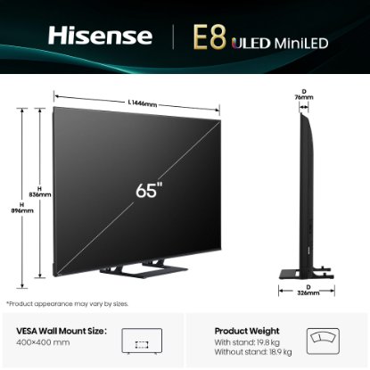 Mini-LED TV 65" HISENSE 65E8Q, Smart TV, 4K UHD, DVB-T2/C/S2, USB, Wi-Fi, BT, crni - energetski razred E