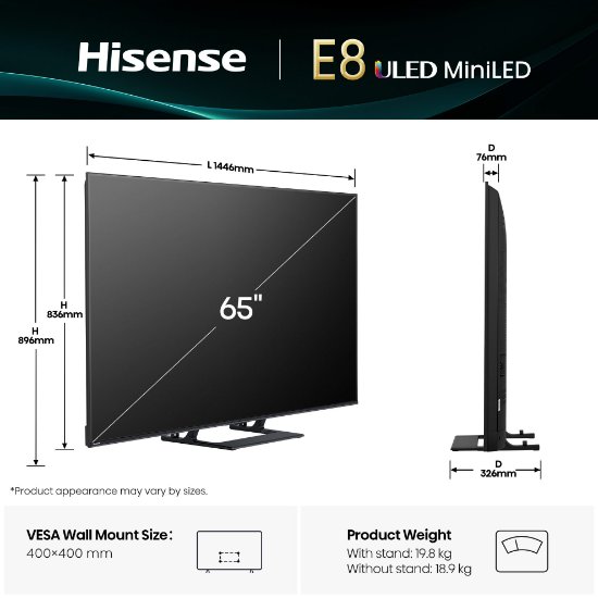 Mini-LED TV 65" HISENSE 65E8Q, Smart TV, 4K UHD, DVB-T2/C/S2, USB, Wi-Fi, BT, crni - energetski razred E