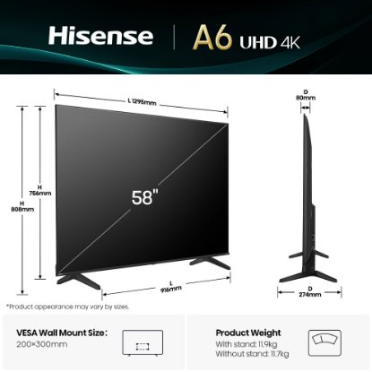 LED TV 58" HISENSE 58A6Q, Smart TV, 4K UHD, DVB-T2/C/S2, USB, Wi-Fi, BT, crni - energetski razred E