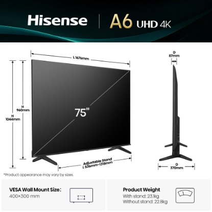 LED TV 75" HISENSE 75A6Q, Smart TV, 4K UHD, DVB-T2/C/S2, USB, Wi-Fi, BT, crni - energetski razred E