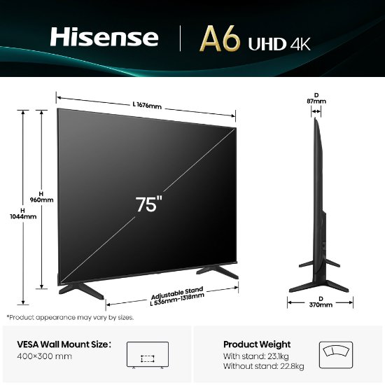 LED TV 75" HISENSE 75A6Q, Smart TV, 4K UHD, DVB-T2/C/S2, USB, Wi-Fi, BT, crni - energetski razred E