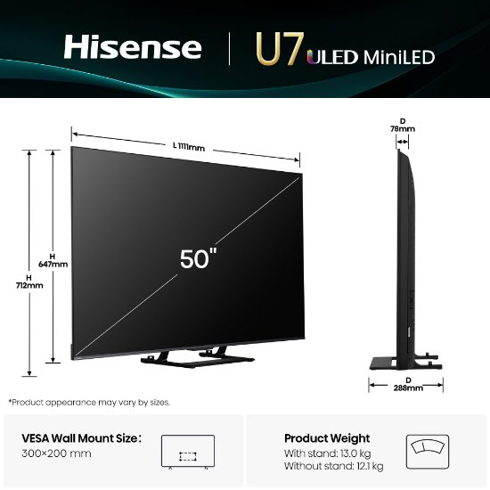 Mini-LED TV 50" HISENSE 50U7Q, Smart TV, 4K UHD, DVB-T2/C/S2, USB, Wi-Fi, BT, crni - energetski razred E