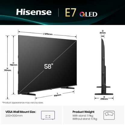 QLED TV 58" HISENSE 58E7Q, Smart TV, 4K UHD, DVB-T2/C/S2, USB, Wi-Fi, BT, crni - energetski razred E
