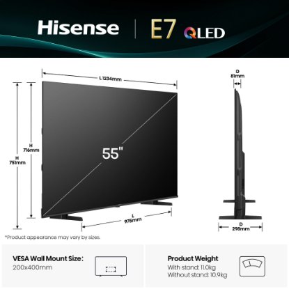QLED TV 55" HISENSE 55E7Q, Smart TV, 4K UHD, DVB-T2/C/S2, USB, Wi-Fi, BT, crni - energetski razred E