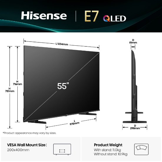 QLED TV 55" HISENSE 55E7Q, Smart TV, 4K UHD, DVB-T2/C/S2, USB, Wi-Fi, BT, crni - energetski razred E