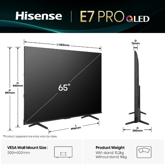 QLED TV 65" HISENSE 65E7Q PRO, Smart TV, 4K UHD, DVB-T2/C/S2, USB, Wi-Fi, BT, crni - energetski razred E