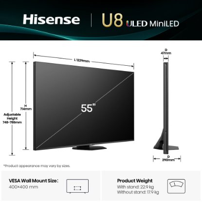 Mini-LED TV 55" HISENSE 55U8Q, Smart TV, 4K UHD, DVB-T2/C/S2, USB, Wi-Fi, BT, crni - energetski razred E