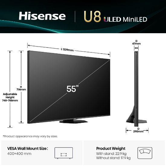 Mini-LED TV 55" HISENSE 55U8Q, Smart TV, 4K UHD, DVB-T2/C/S2, USB, Wi-Fi, BT, crni - energetski razred E