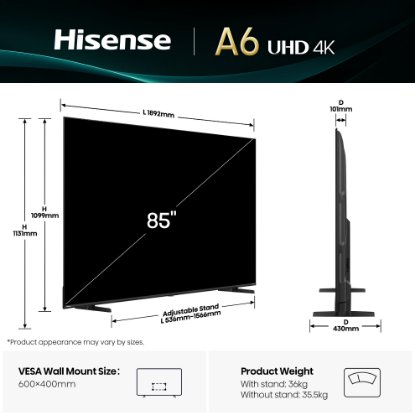 LED TV 85" HISENSE 85A6Q, Smart TV, 4K UHD, DVB-T2/C/S2, USB, Wi-Fi, BT, crni - energetski razred E