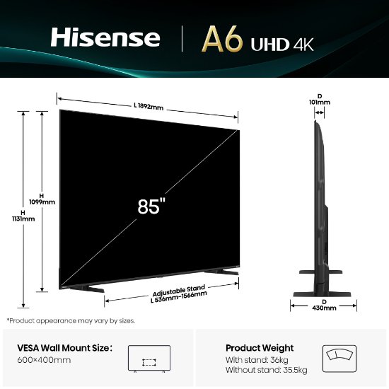 LED TV 85" HISENSE 85A6Q, Smart TV, 4K UHD, DVB-T2/C/S2, USB, Wi-Fi, BT, crni - energetski razred E