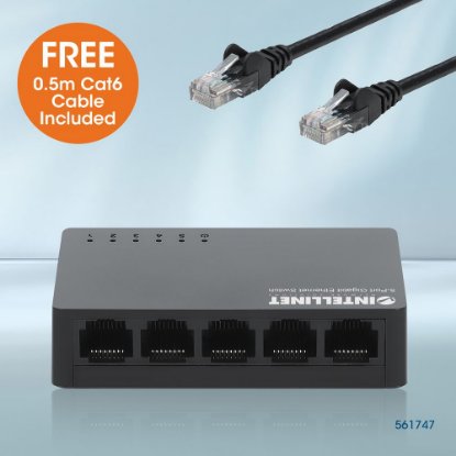 Switch INTELLINET 561747, 10/100/1000 Mbps, 5-port, plastično kućište, kabel Cat6 0,5m