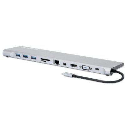 Docking station MANHATTAN, USB-C (M) na HDMI, Mini DP, VGA, 3xUSB-A, USB-C, Gigabit RJ45, SD/MicroSD čitač, 3.5mm audio, PD 100W, srebrni