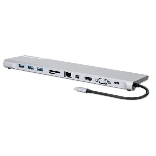 Docking station MANHATTAN, USB-C (M) na HDMI, Mini DP, VGA, 3xUSB-A, USB-C, Gigabit RJ45, SD/MicroSD čitač, 3.5mm audio, PD 100W, srebrni