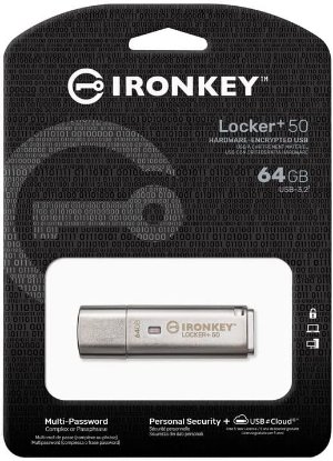 Memorija USB 3.2 FLASH DRIVE, 64GB, KINGSTON Ironkey Locker+ 50, IKLP50/64GB, XTS-AES enkripcija, srebrni