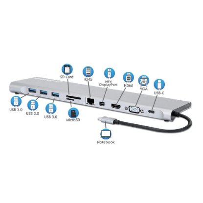 Docking station MANHATTAN, USB-C (M) na HDMI, Mini DP, VGA, 3xUSB-A, USB-C, Gigabit RJ45, SD/MicroSD čitač, 3.5mm audio, PD 100W, srebrni