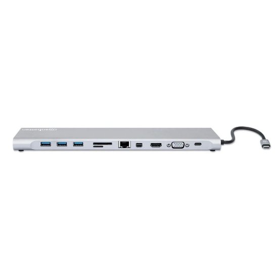 Docking station MANHATTAN, USB-C (M) na HDMI, Mini DP, VGA, 3xUSB-A, USB-C, Gigabit RJ45, SD/MicroSD čitač, 3.5mm audio, PD 100W, srebrni