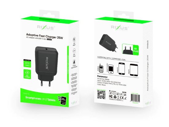 Kućni punjač RIXUS RX86B, 25W, 1xUSB-C, crni