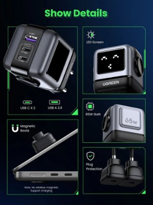 Kućni punjač UGREEN Nexode RG, 65W, 1x USB-A, 2x USB-C, LED ekran, crno-sivi