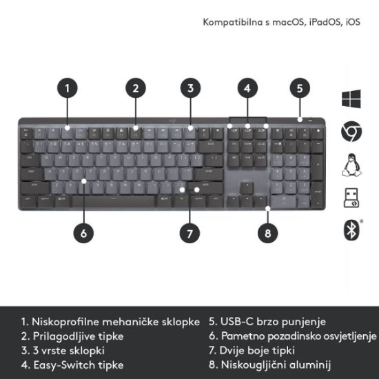 Tipkovnica LOGITECH MX Mechanical Tactile Quiet, bežična, BT, crna