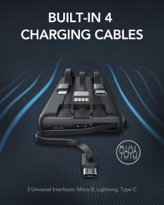 Mobilni USB punjač VEGER C20, 20000 mAh, ugrađeni kablovi, crni