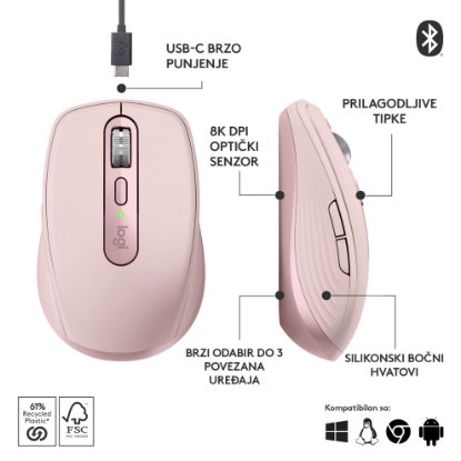 Miš LOGITECH MX Anywhere 3S, laserski, bežični, BT, rozi