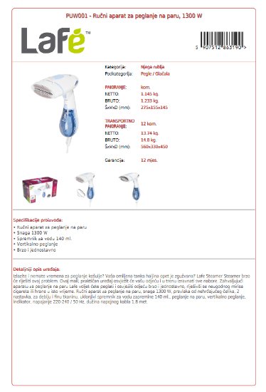 Ručno steamer glačalo LAFE PUW001, 1300 W, 140 ml, bijelo