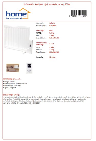 Radijator HOME FLOR 600, uljni, 600 W, montaža na zid, bijeli