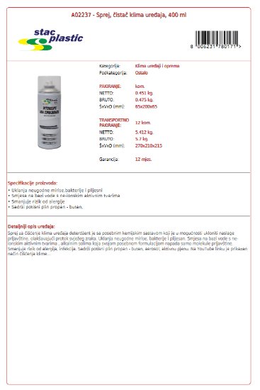 Sprej za čišćenje klima STAC PLASTIC A02237, 400 ml