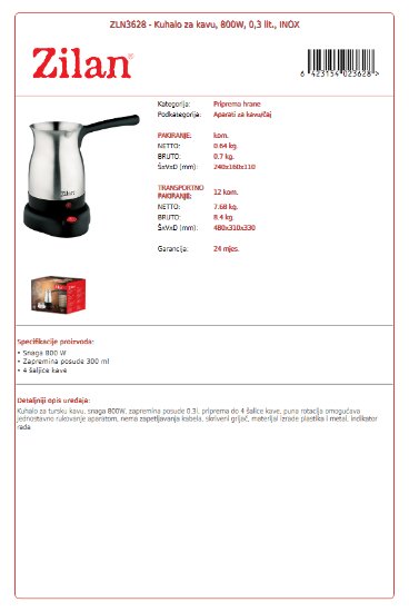 Kuhalo za kavu ZILAN ZLN3628, 800 W, 0,3 l, inox