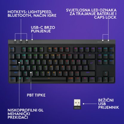 Tipkovnica LOGITECH Gaming G515 Lightspeed TKL, Tactile switch, RGB, mehanička, bežična, US Layout, USB, crna