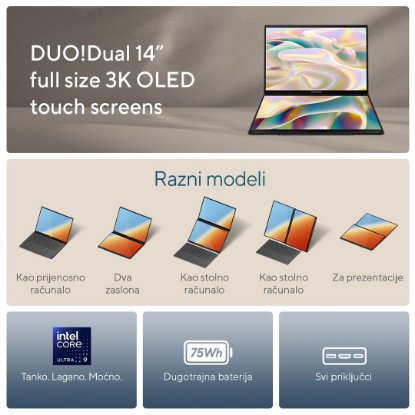 IZLOŽBENI Laptop ASUS Zenbook Duo UX8406CA-QL075W / Core Ultra 7 255H, 32GB, 1TB SSD, Intel HD Graphics, 14" WUXGA 120Hz OLED Touch, Windows 11, sivi